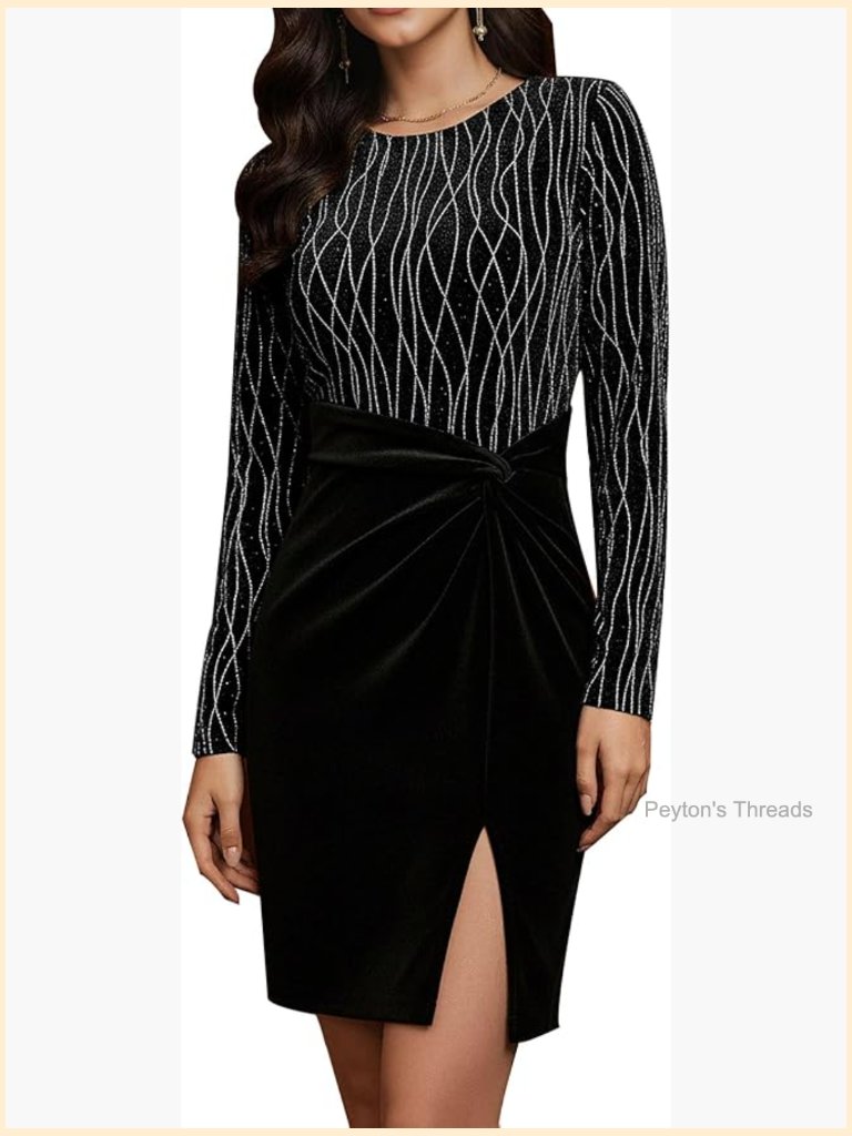 Glitter Velvet Midi Dress With Knot Waist And Side Slit